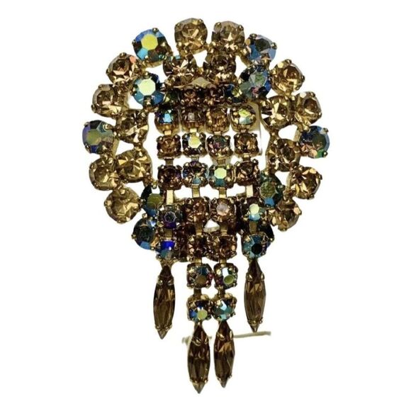Vintage Austrian Crystal Aurora Borealis Shimmering Dangle  Gold Tone Brooch - Picture 1 of 8